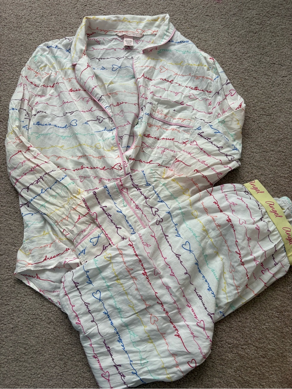 White Victoria Secret Multicolor Script & Heart Pajama Set